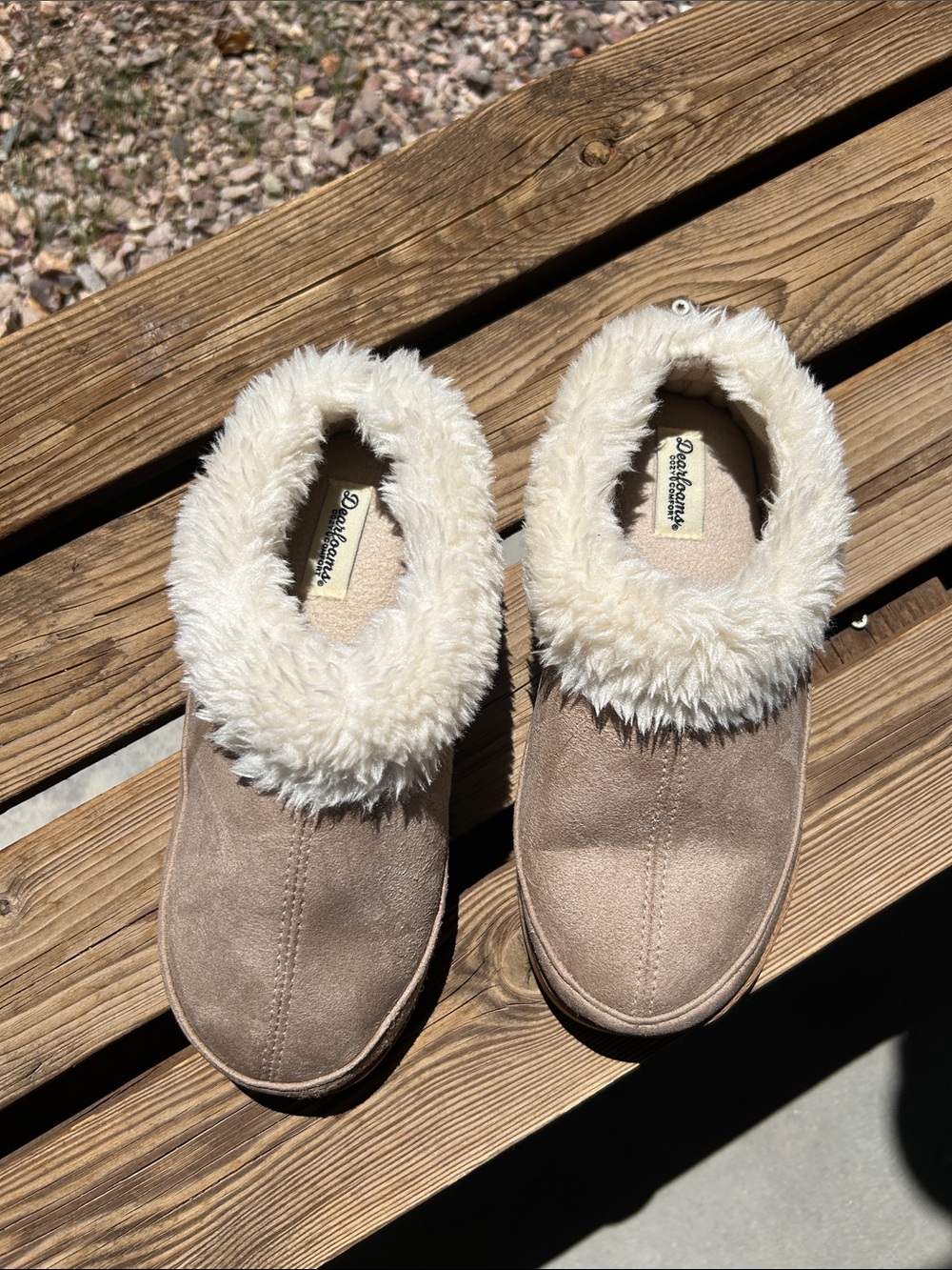 dearfoams Taupe Faux Suede Clog Slippers with Cream Faux-Fur Collar